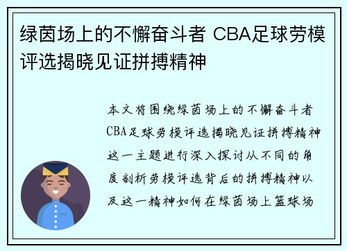 绿茵场上的不懈奋斗者 CBA足球劳模评选揭晓见证拼搏精神